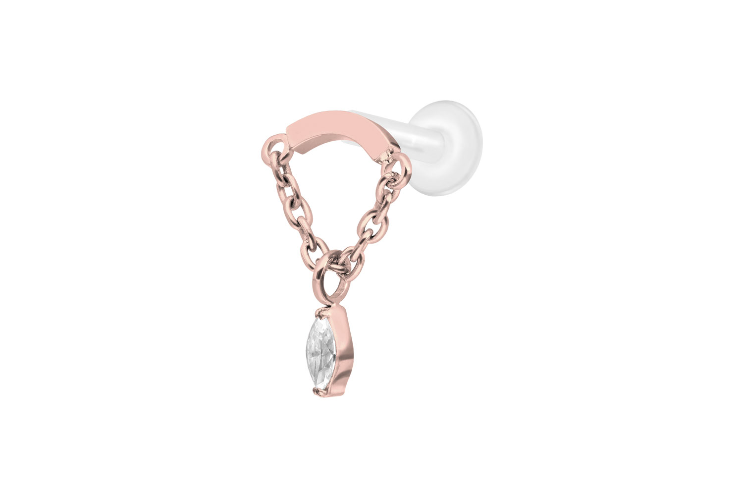 PTFE Labret Piercing mit Innengewinde + Titan-Aufsatz BOGEN + KETTE + KRISTALLTROPFEN